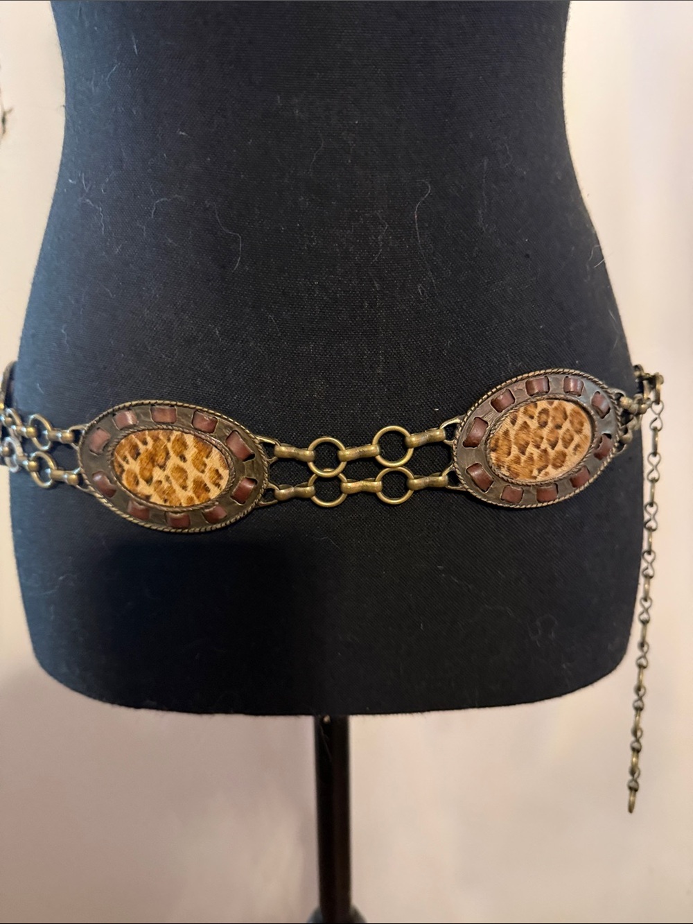 Leopard Print Oval Link Statement Belt - Brown
